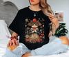Cat In Dress T Shirt Boho Witchy Design Vintage Style Mushroom Floral Cute Animal Black Top for Lovers