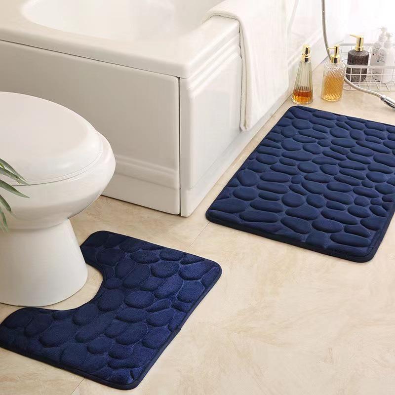 Embossed Coral Fleece Bathroom Floor Mat & U-Shaped Toilet Mat Set - Water Absorbent Design
