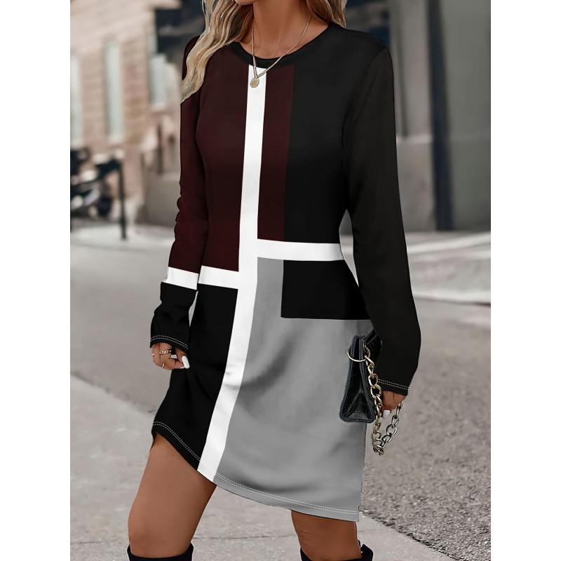 Womens Heart Print Round Neck Long Sleeve Plaid Patchwork Midi Dress Elegant Casual Office Wear