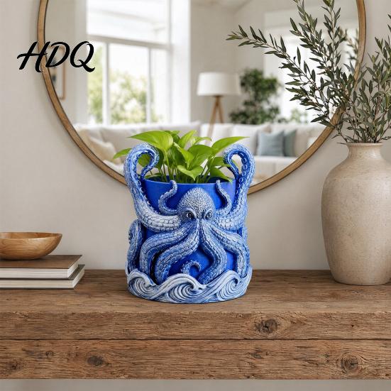 Distinctive Blue Green Planter 3D Printed Octopus Planter with Tray Plant Holder Nautical Coastal Handcrafted Sculpture Indoor Outdoor Holder