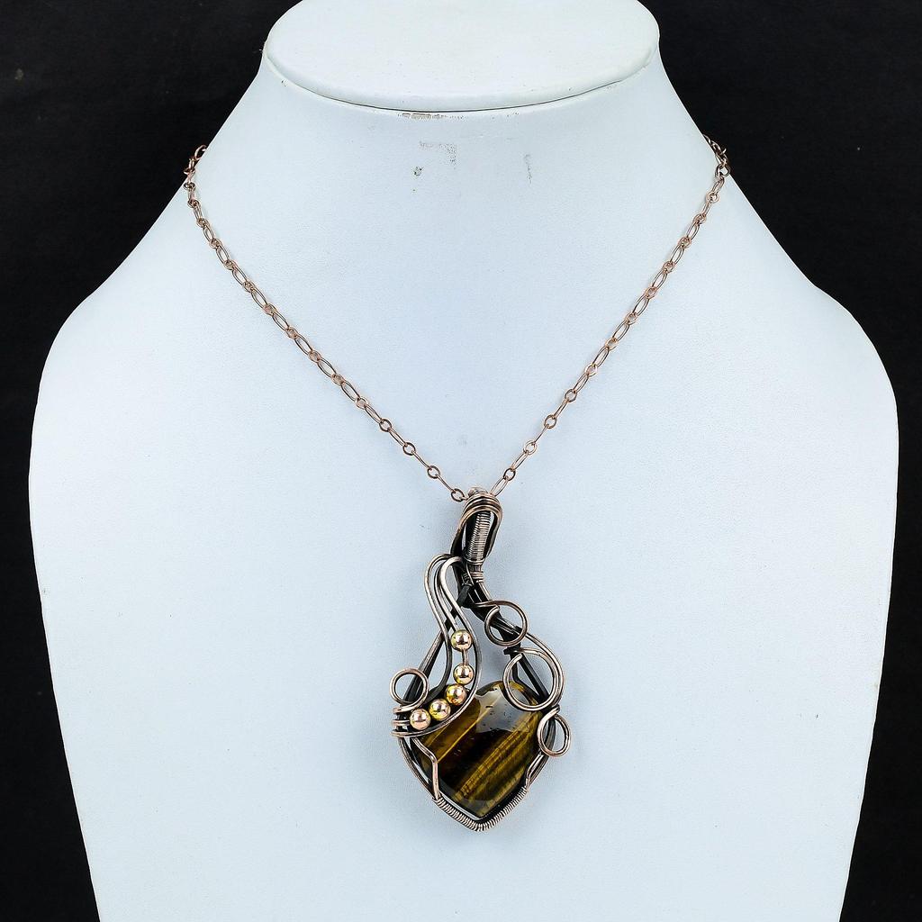 Tiger Eye Gemstone Handmade Pure Copper Wire Wrapped Pendant Jewelry For Women