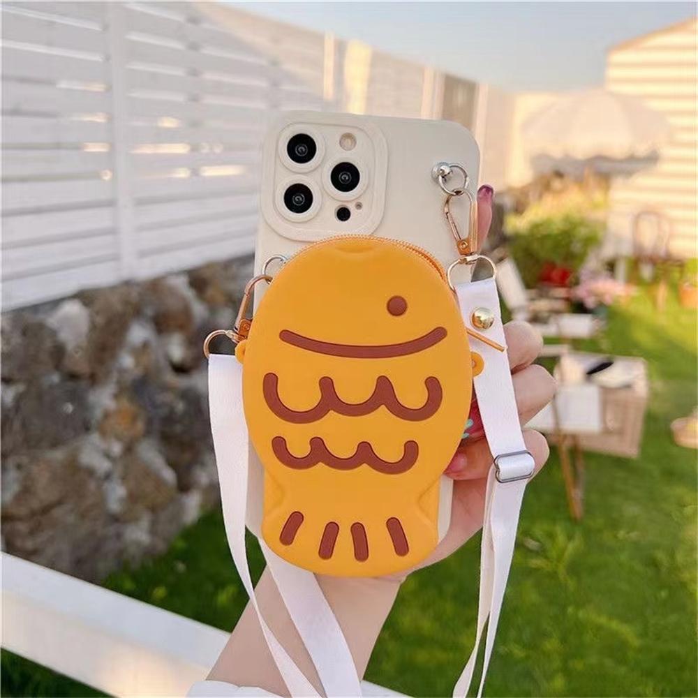 Cute 3D Snapper Wallet Lipstick Bag Crossbody Neck Rope Silicon case for 16Pro Max 11 12 13 14 15 Xr 8Plus cartoon cover