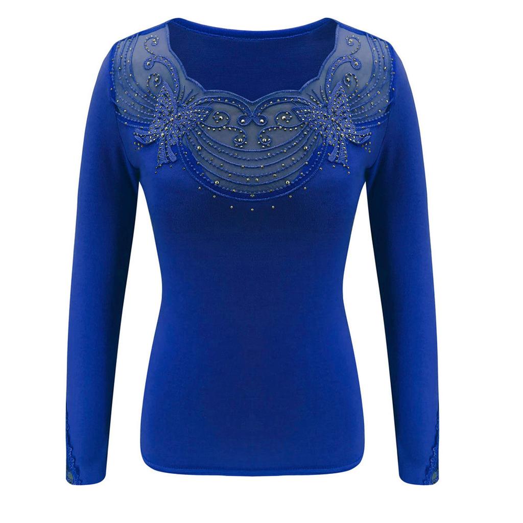 Womens Fashion Round Neck Long Sleeve Lace Base Shirt Blouse Plus Size Tops
