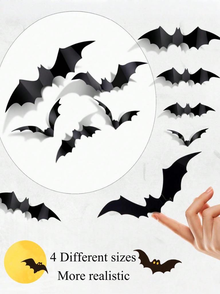 12Pcs/Pack PVC 3D Black Horror Bat Wall Stickers Set DIY Halloween Party Essentials for Home Window Art Decals