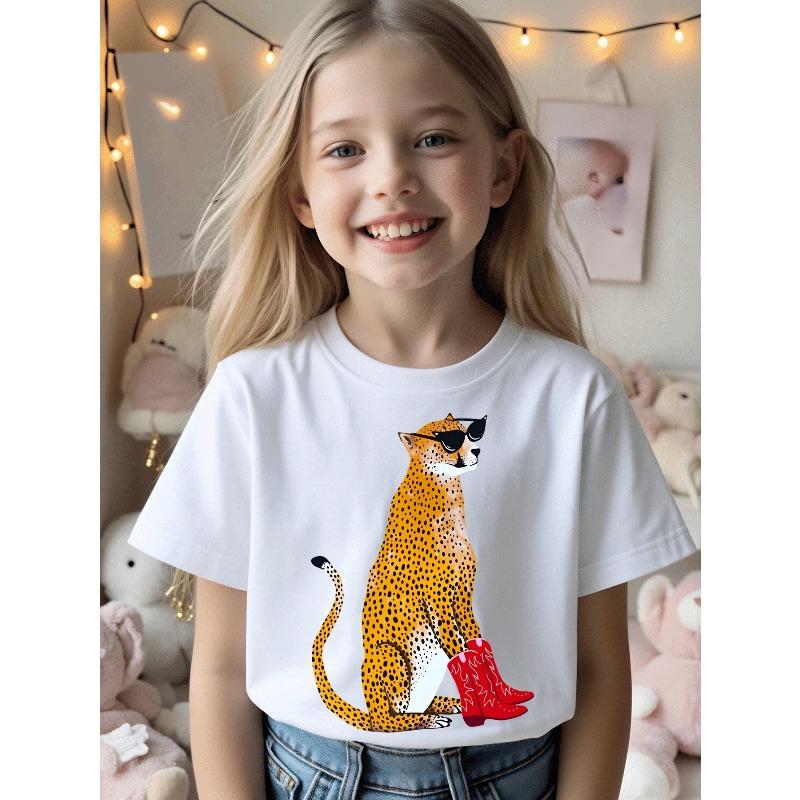 Girls Cheetah Print Glasses Red Boots Graphic Crewneck Short Sleeve Tee 110 белый