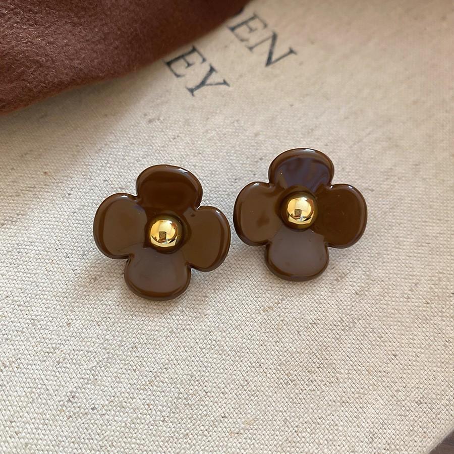 Silver Needle Retro Resin Geometric Round Oval Pendant Earrings Maillard Style Stud Earrings Niche Design Earrings Women