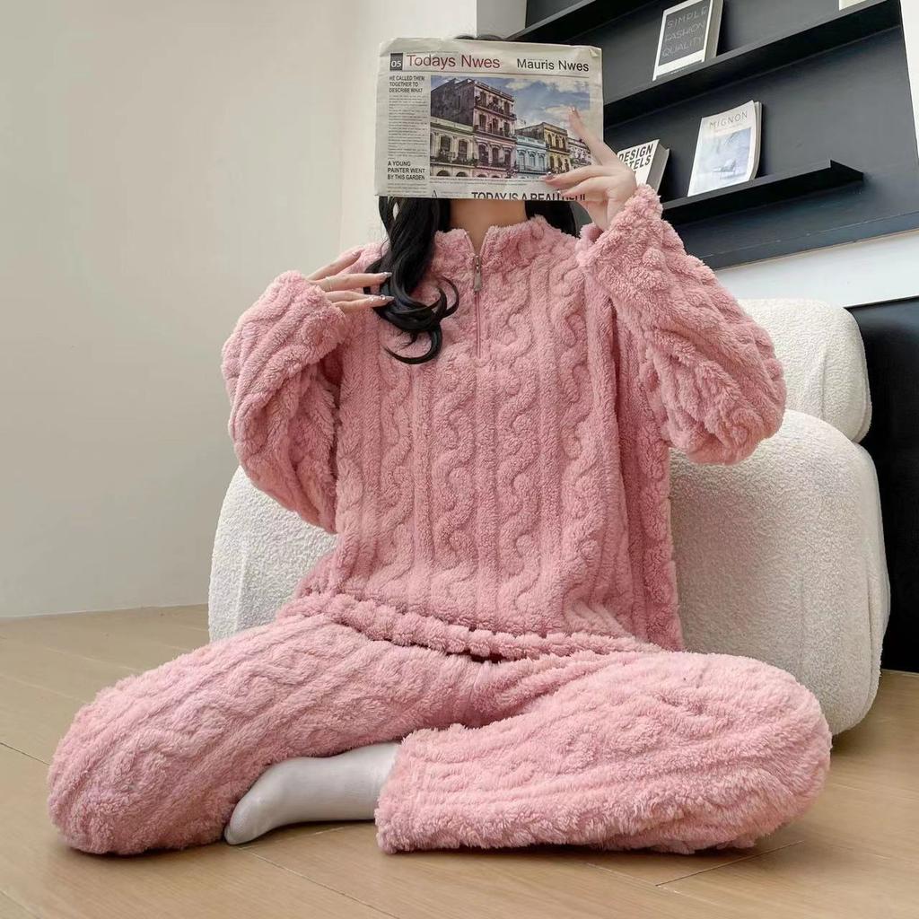 Podzimní a zimní Twist Zipper Couple Plus Sametové tlusté korálové fleecové pyžamo Velké teplé Žakárové Cardigan Domácí služba