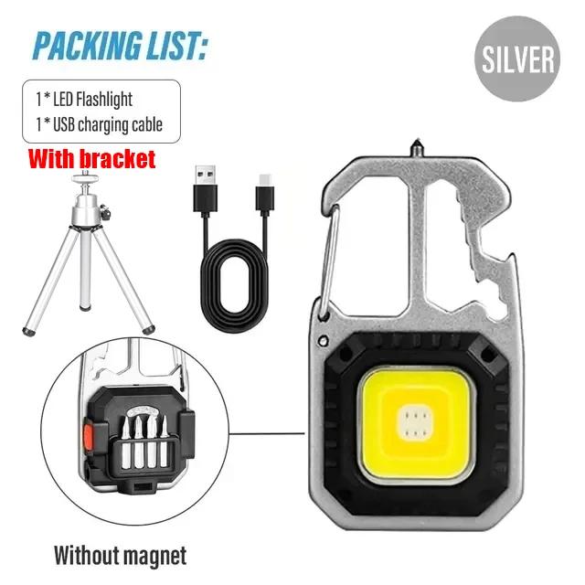 COB Keychain Work Light Flashlight with Battery Display Rechargeable High Lumens Portable LED Light for Camping Hiking Running