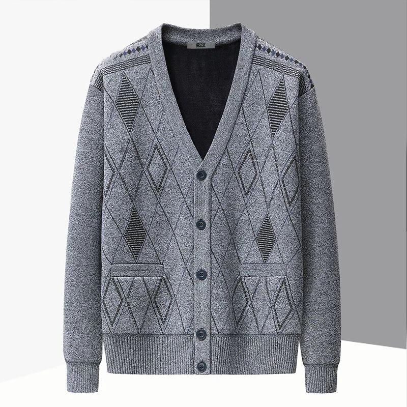 Men's Sweater Cardigan Autumn Winter Velvet Thickened Knitted Top Warm Jacket