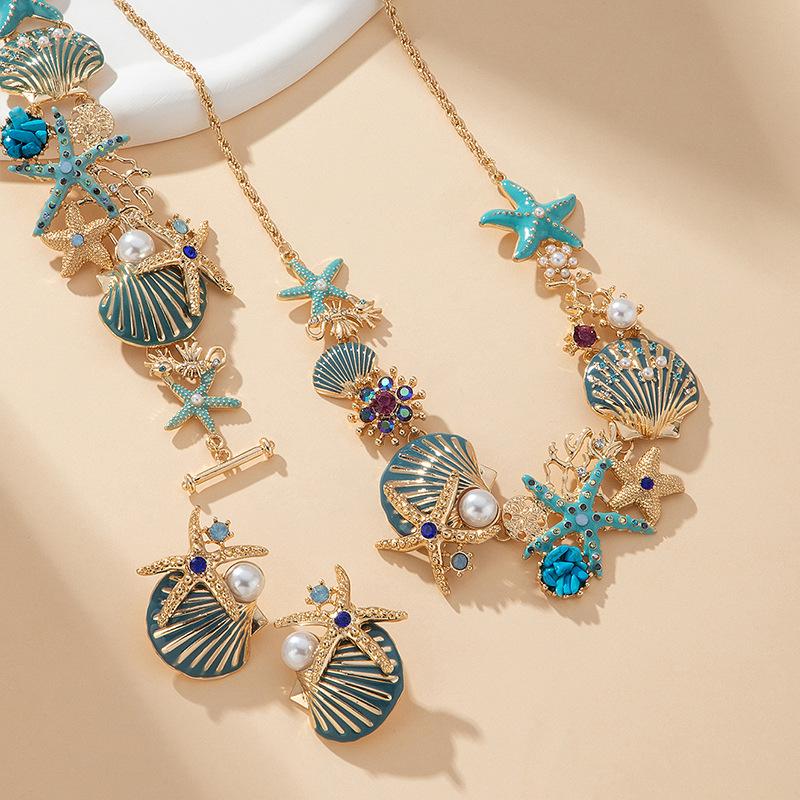 Boho Glänzender Seestern Muschel Koralle Perle Anhänger Halskette Für Frauen Kristall Zirkon Strand Emaille Schlüsselbein Choker Charm Schmuck Geschenk