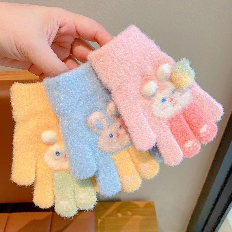 Grass plum rabbit children's gloves baby full finger thickened warm year old full finger child finger cover new gloves