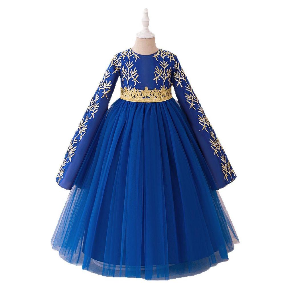Blue Muslim Evening Dress with Long Sleeves and Puffy Tulle Skirt