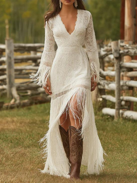 Retro White Lace V-Neck Long Sleeve Tassel High-Low Skirt