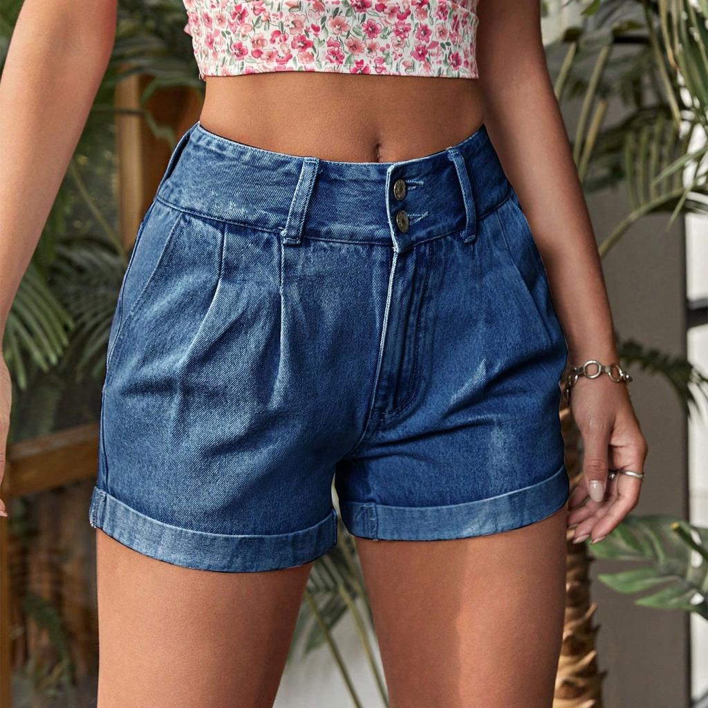 Women's Stylish High-waisted Cuffed Denim Shorts