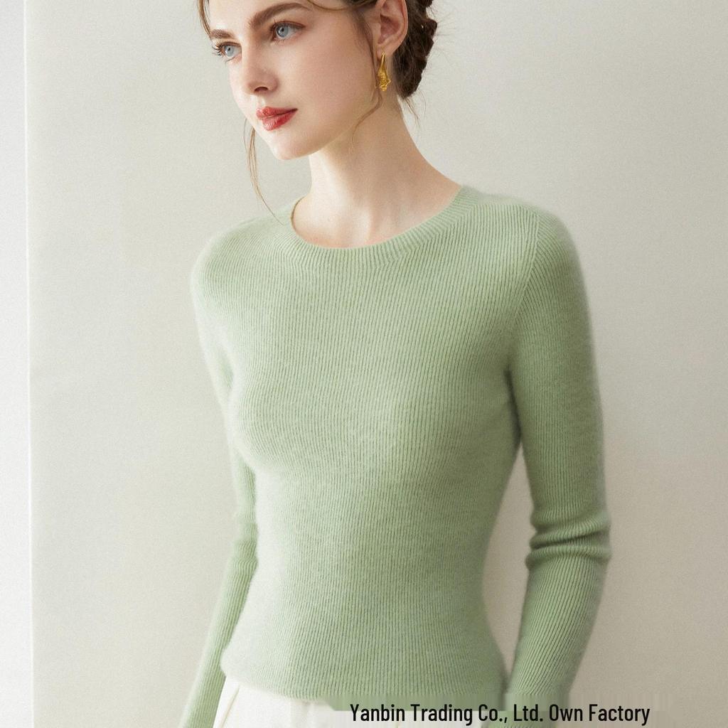 Women's Slim Fit Pure Cashmere Ribbed Sweater - Flattering Versatile Warm Round Neck Knitwear with Long Sleeves