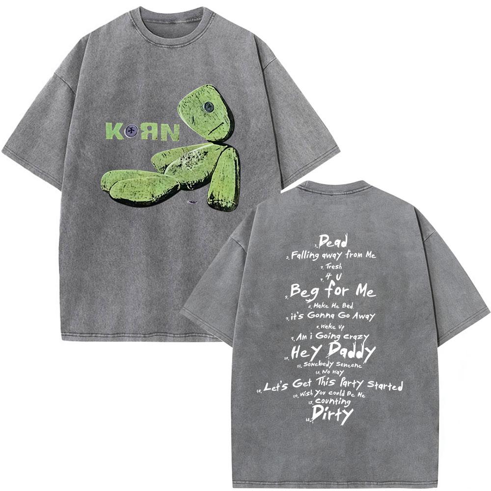 Korn Europe Tour Vintage Washed T Shirt Fan Gifts Metal Gothic Rock Band Tshirts Mens Clothing Casual Short Sleeve Tshirt