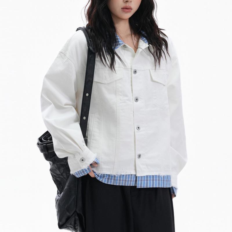 Унисекс модная джинсовая куртка в клетку и пэчворк - Американский ретро стиль M