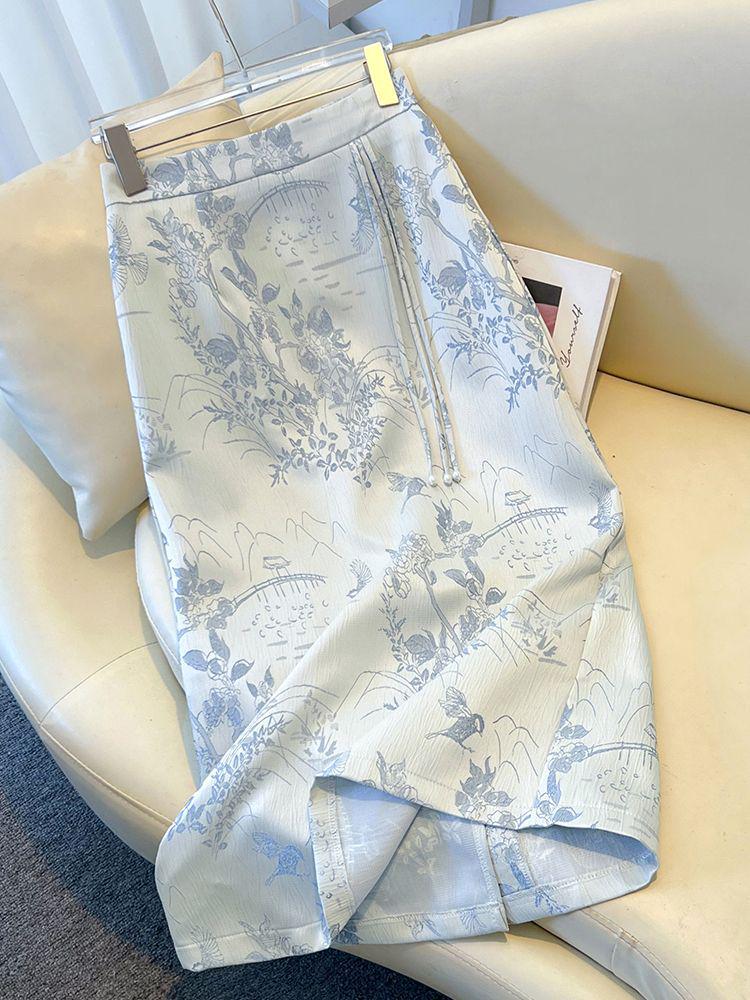 Summer 2025 High-Waist Chinese Style Embroidered A-Line Bodycon Midi Skirt for Women