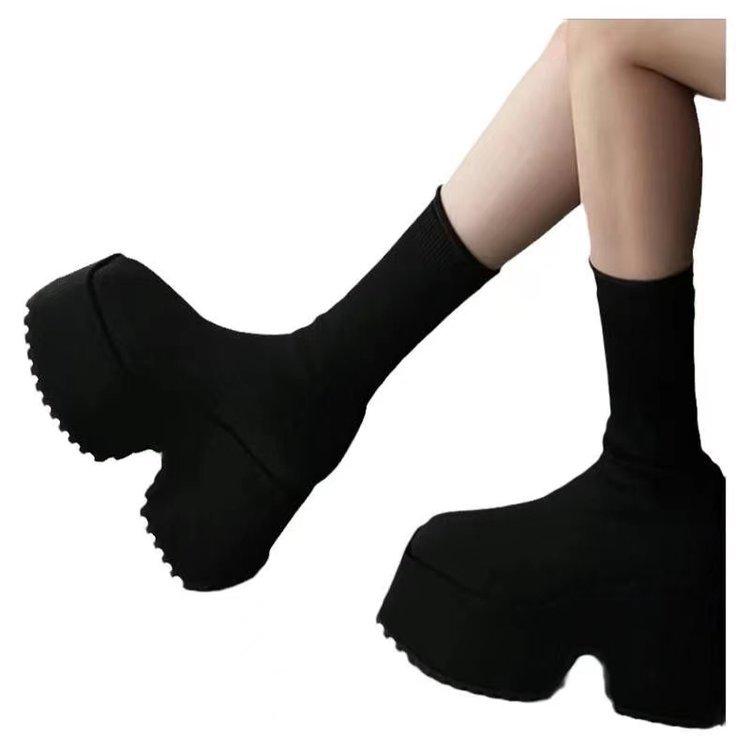 Women's 2023 Chunky Heel Knit Mid-Calf Boots, Plus Size, High Heel, Dual-Wear, Elastic Wool Cotton.