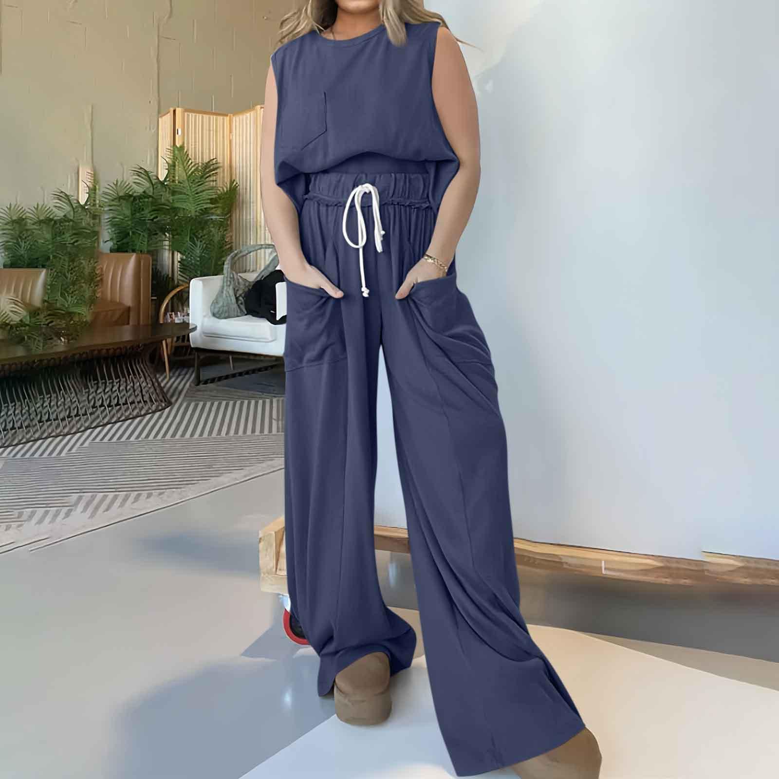 

Летний комплект из 2 предметов Omen, топ без рукавов с круглым вырезом, широкие брюки, комплект, комбинезон, летний повседневный костюм XXL тёмно-синий