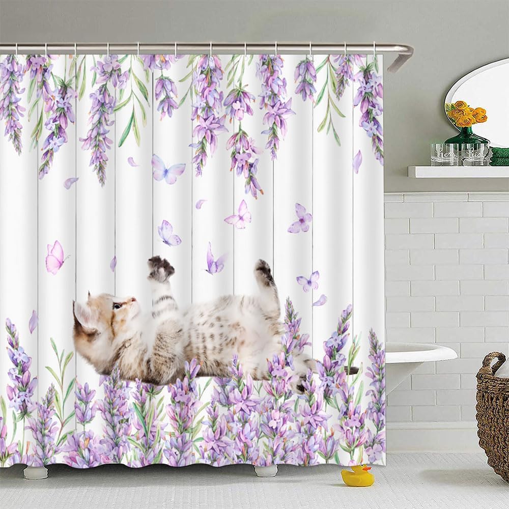 Funny Cat with Flower Shower Curtain Purple Lavender Butterfly Kitty Lover Valentine's Day Rustic Floral Wooden Board Romantic