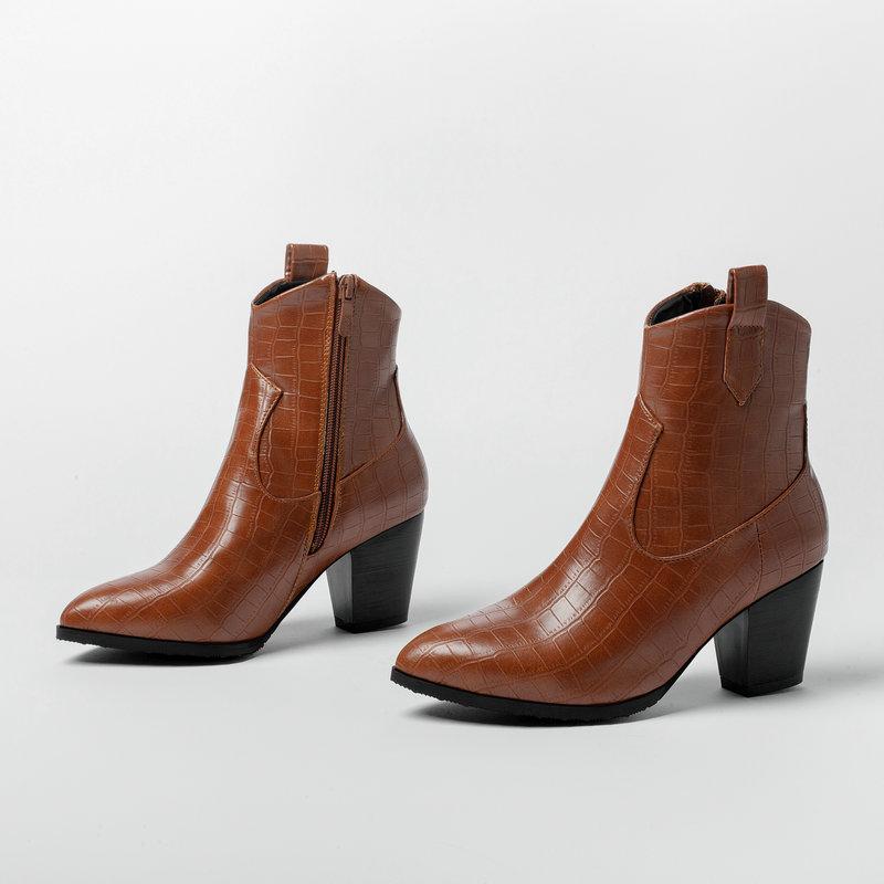 European and American fashion pointed high-heeled short boots stone pattern side zipper thick heel Martin boots autumn and winter and ankle boots