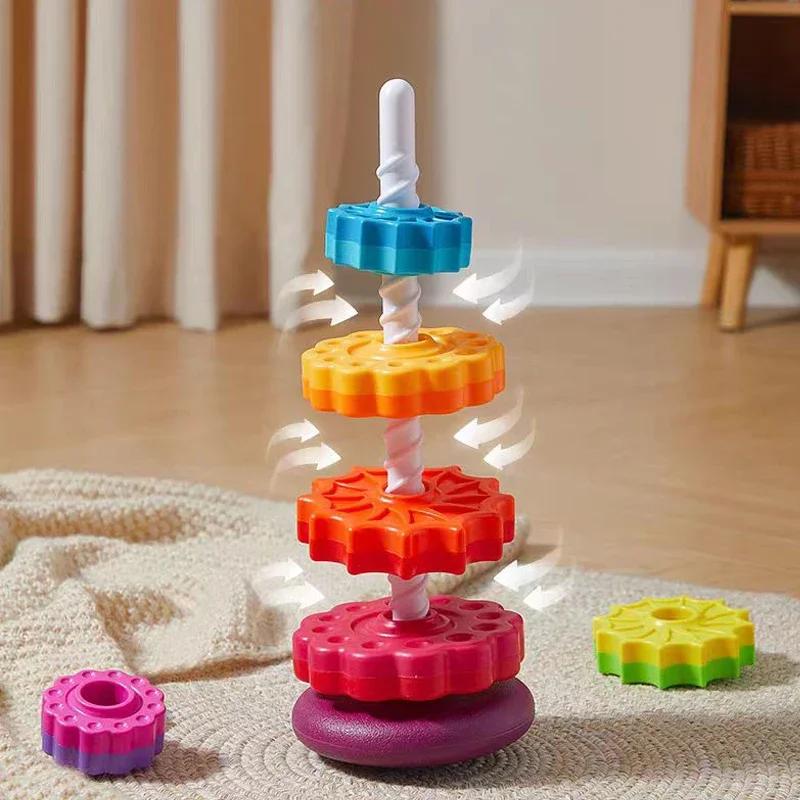 Baby Cognition Rainbow Spinning Tower Toy Funny Montessori Early Education Geometric Ring Stacking Block Sensory Toy for Toddler