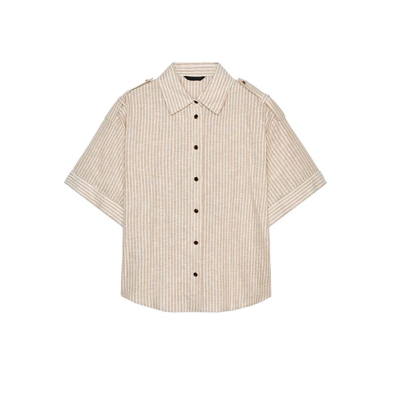 

Summer New Product Women s Clothes Linen Blended Metal Thread Stripes Long Sleeves Lapel Shirt Tops 2157059 Beige L