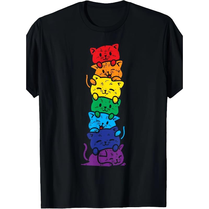 Rainbow Stacked Cats Graphic Tee Oversized Short Sleeve Cute Casual Top