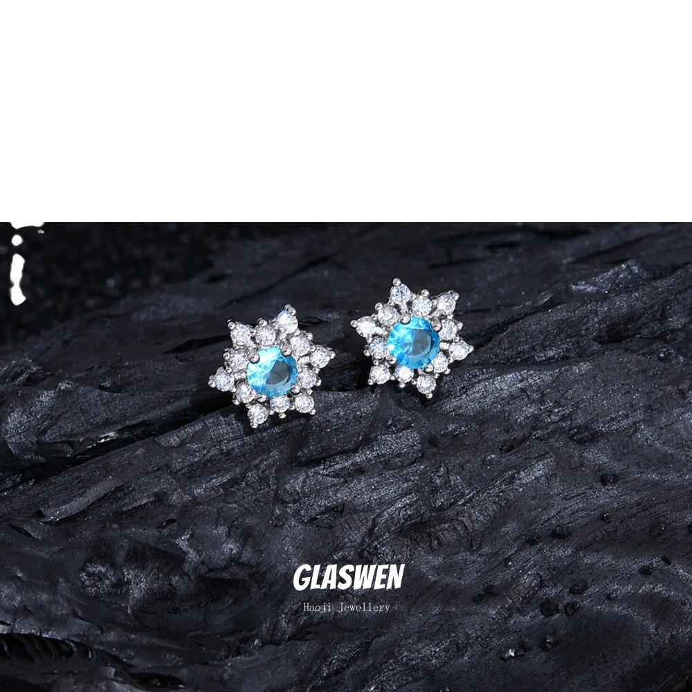 Boucles d'oreilles puces Flocon de neige Zircon bleu - Accessoire de luxe Automne/Hiver pour femmes