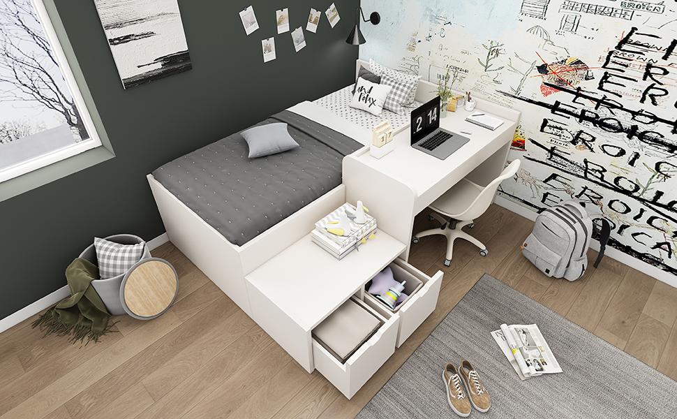 Children's Bed, Solid Wood Single Bed with Desk and Drawers, 90 x 200 cm, White, Storage Bed with Slatted Frame, for Boys & Girls (Without Mattress)