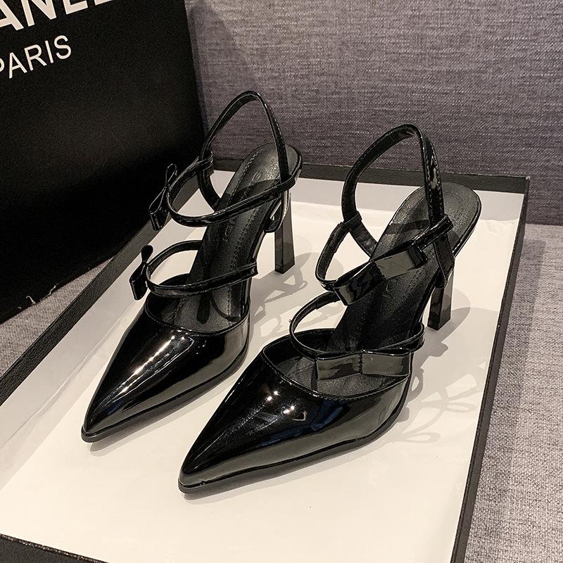 Chunxin Black High Heels Women's Leather Pointed Head Bag Head Thin Heel Bow Strap White Sandals