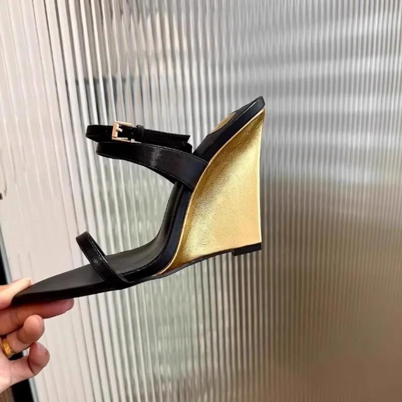 Fashion Women Wedges Sandals Pointed Toe Cross Strap One Belt Buckle Sexy Black Sandals 2025 Summer New Elegant Party Dress Women Shoes
