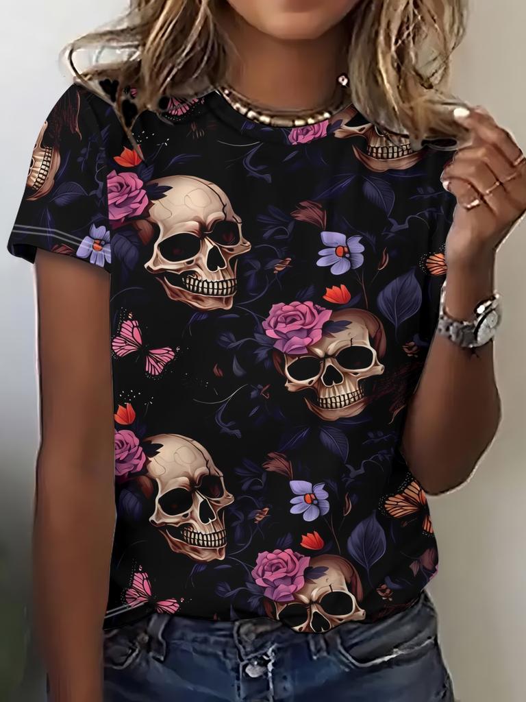 Gothic Skull Rose Print Women T Shirt Pink Floral Spider Web Casual Short Sleeve O-neck Dark Aesthetic Summer Tops