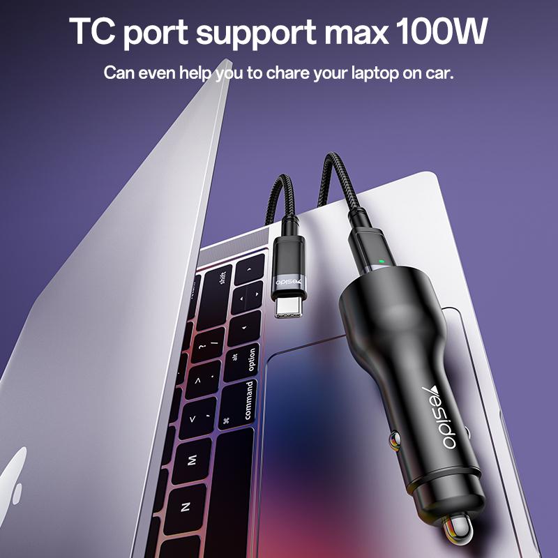 YESIDO Y65 USB+Type-C Dual Port Car Charger PD 100W + QC 18W Fast Charging Adapter