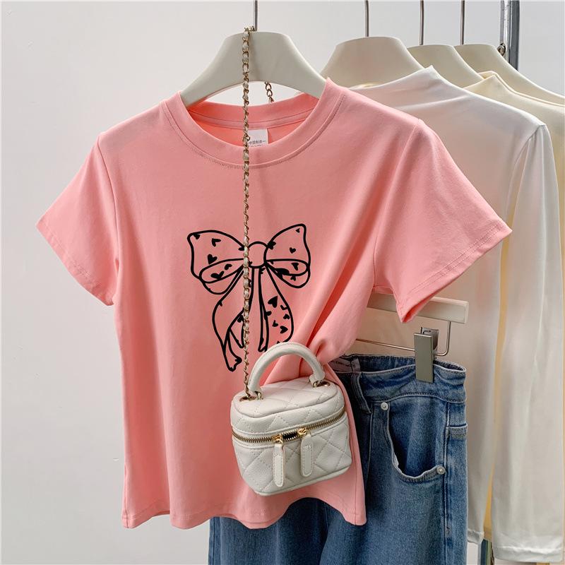 

Літня корейська футболка з принтом банта на плечі, з прямим коротким рукавом для мініатюрних жінок L рожевий
