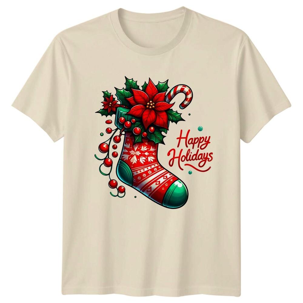 Happy Holidays Christmas Stocking Poinsettia Holidays Unisexs Unisexs Graphic Tee