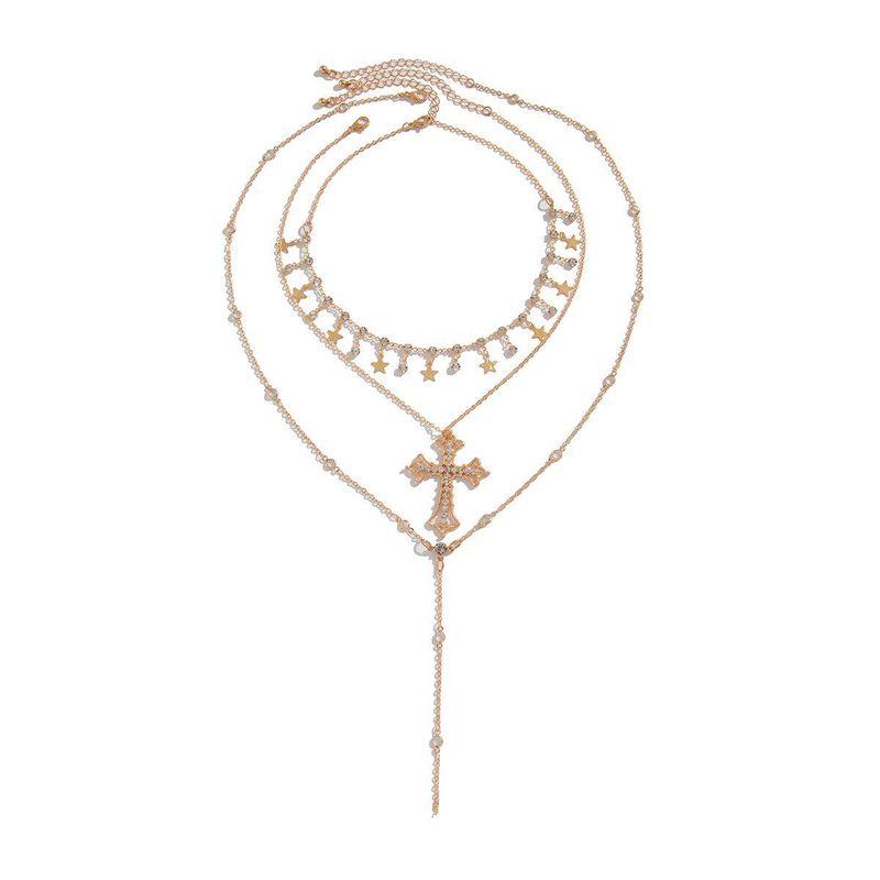 Europe and America Cross Border Hip Hop Ins Diamond Cross Pendant Long Necklace Stylish Twin Star Chain Tassel Necklace Gold Diamond Cross