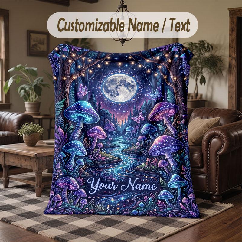 Mushroom Forest Theme Throw Blanket Custom Name Text Personalized Blanket Soft Cozy Blanket for Home Sofa Bed