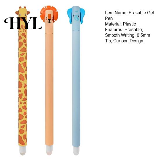 Erasable Writing Tool 3 Pcs Gel Pens Cartoon Animal Rollerball 0.5mm Gentle Black Ink Refillable for Girls Boys Office School Supplies Non-damaging