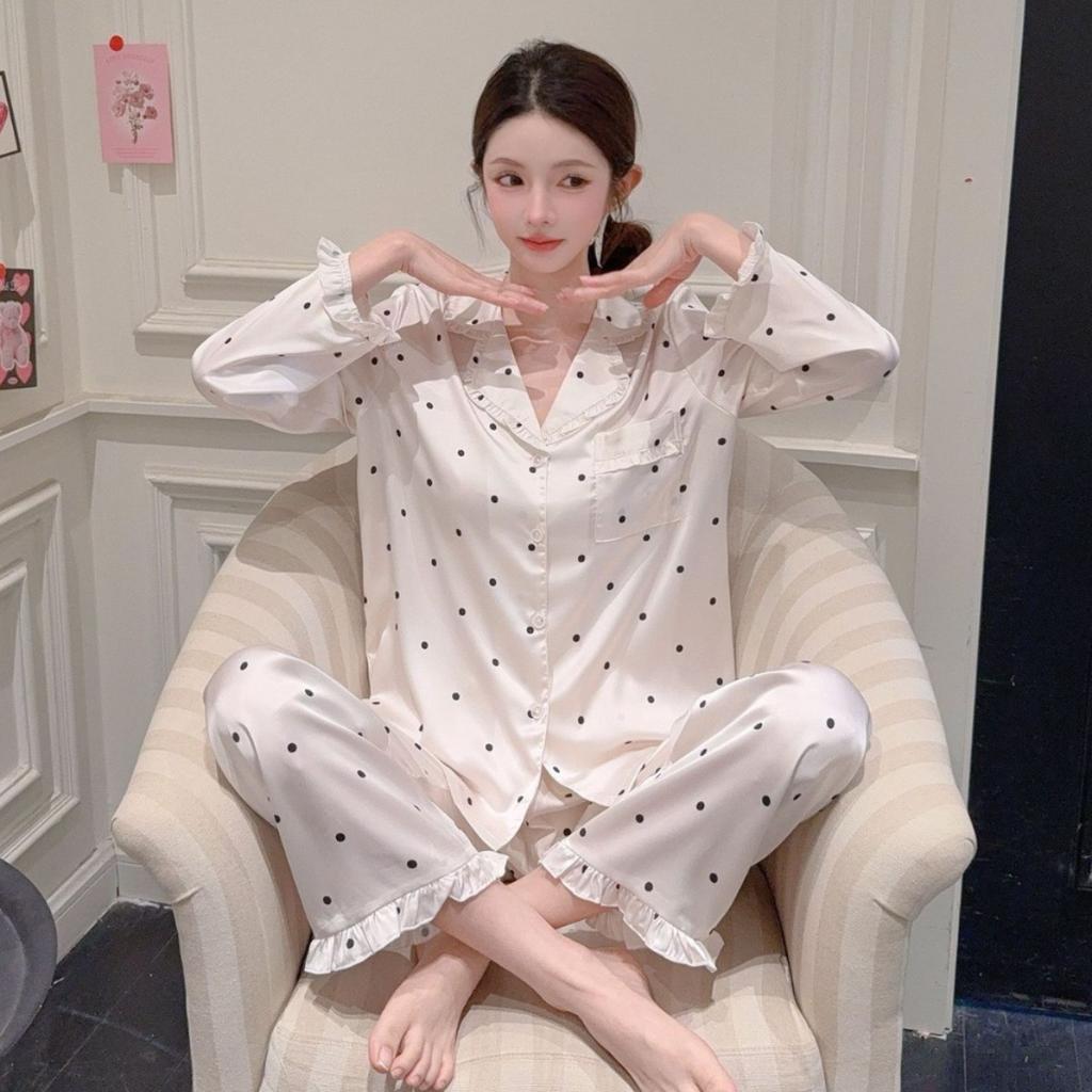 1011 spring new ice silk pajamas women's long-sleeved trousers fairy polka dot printed cardigan loungewear sweet