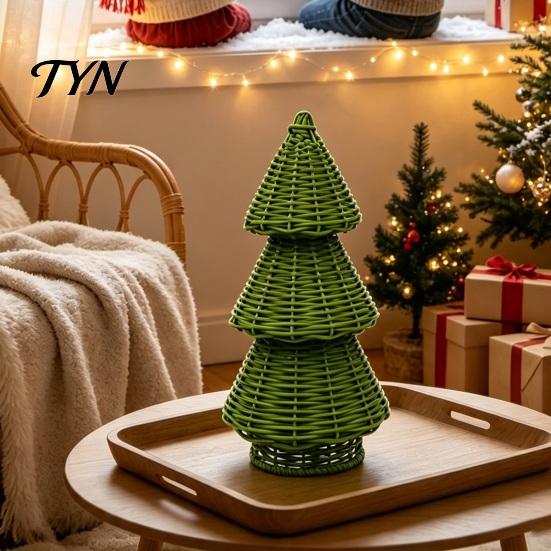 Rustic Christmas Shop Props Handwoven Rattan Tree, Cone Xmas Tree Tabletop Ornament, Holiday Window Display Centerpiece for Mantel Fireplace