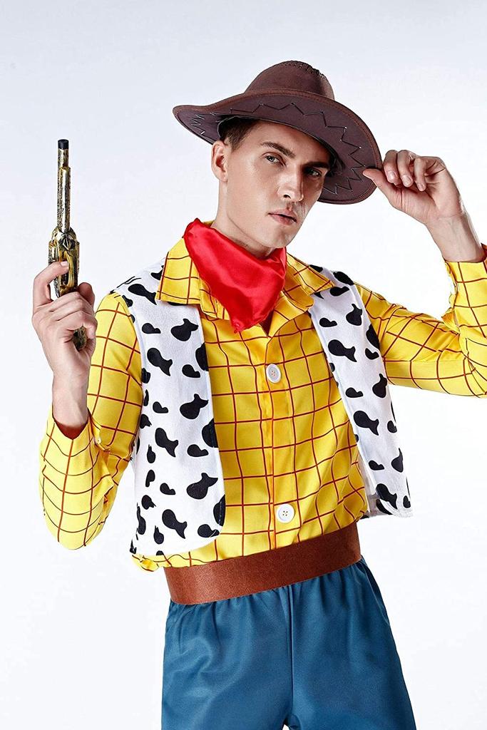 SCLYX Men's Cowboy Cosplay Costume with Hat and Bust, Adult Woody Costume, Top and Bottom Set, Toy Story, Halloween, EventParty Costume, #21185