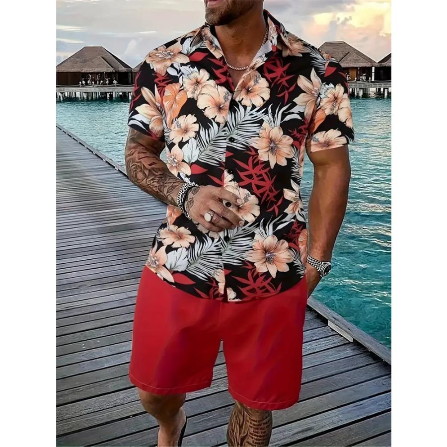 Hawaiian Men's Shirt Set 3D Printed Short-Sleeve Shirt Set Summer Beach Collared Two-Piece Shirt