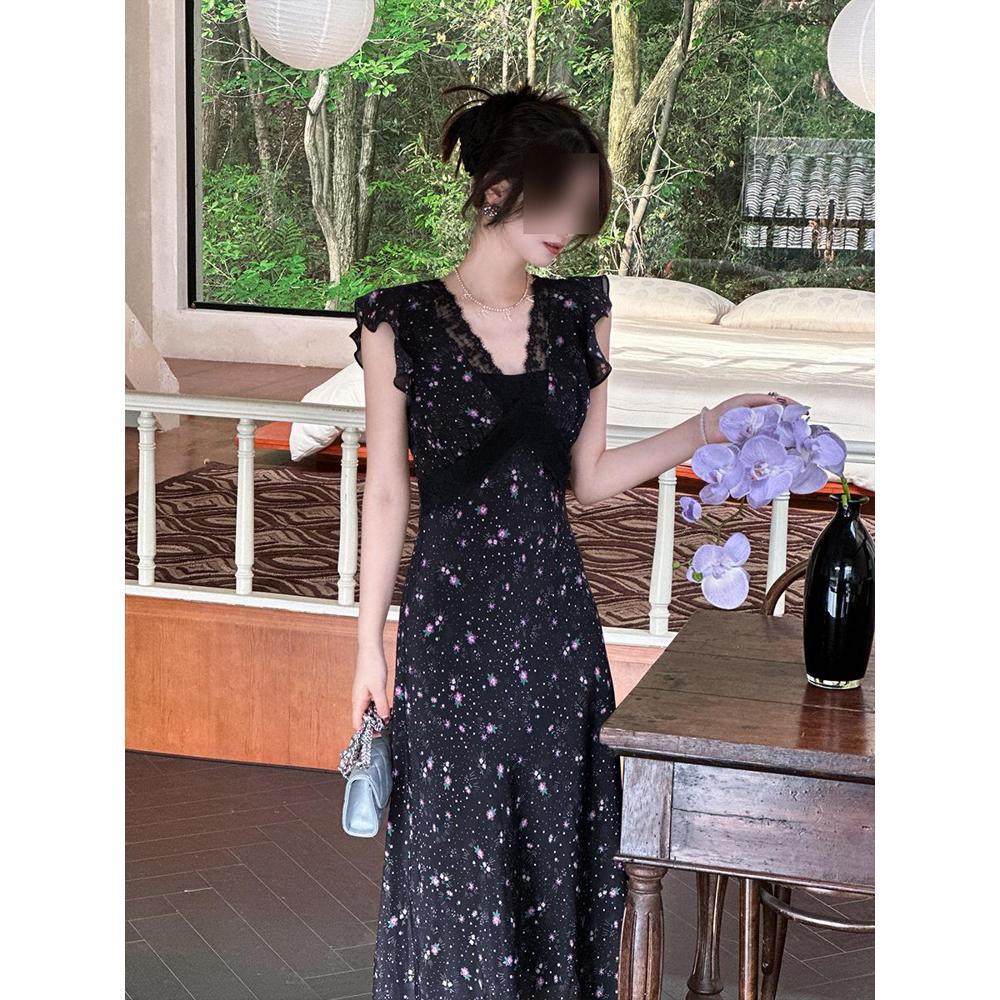 Women's Summer Casual New Lace Temperament Long Dress Small Fly Sleeves Black Floral Suspender Dress