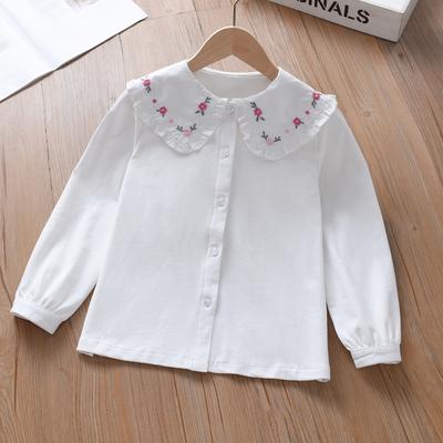 Girls' Shirt 2025 Spring Autumn New Embroidered Floral Long Sleeve Blouse with Ruffled Collar Kids Clothes