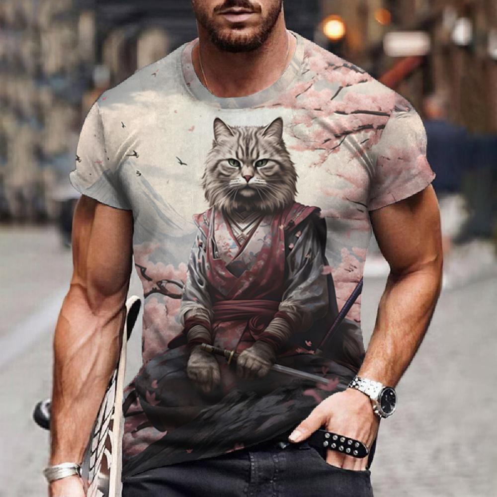 

Футболки с принтом «Самурай Кот» для мужчин, оверсайз, с коротким рукавом, в японском стиле, с графикой, мужская одежда, модные футболки-пуловеры для мужчин 3XL