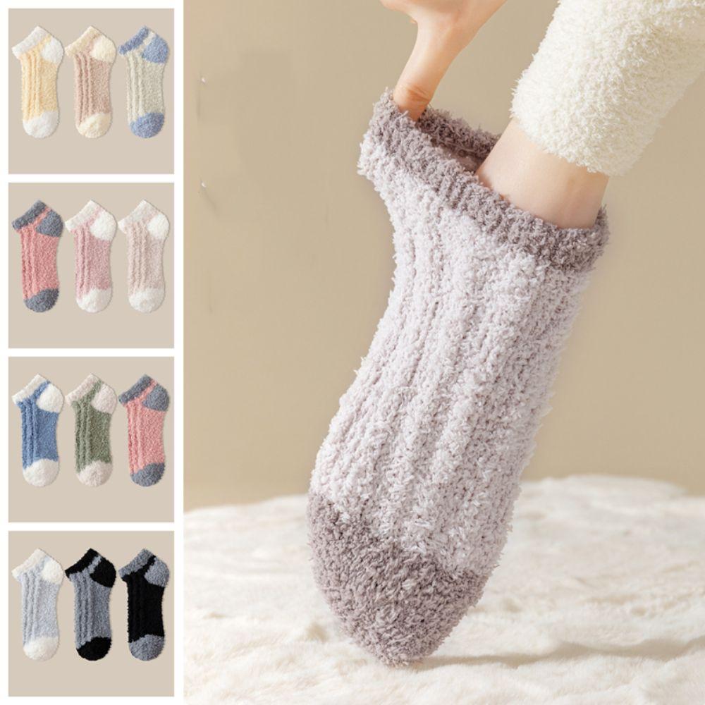 3Pairs Thickened Coral Fleece Socks Patchwork Warm Boat Socks Women Kawaii Floor Plush Socks  Winter