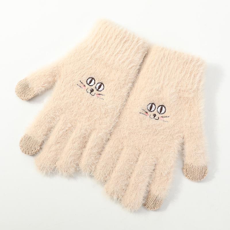 Women's Autumn Winter Split-Finger Plush Windproof & Coldproof Cute Knitted Gloves - DZ103