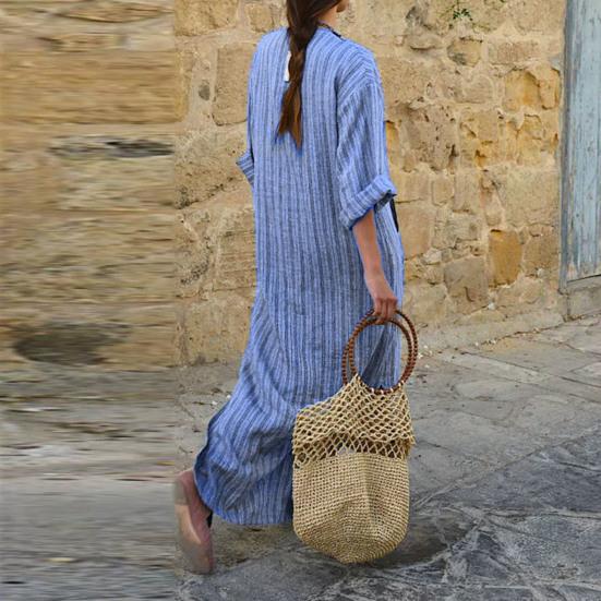 Damen Sommer Boho Gestreiftes Baumwoll-Leinenkleid Lässig Kurzarm Strand Maxikleid mit Vordertasche